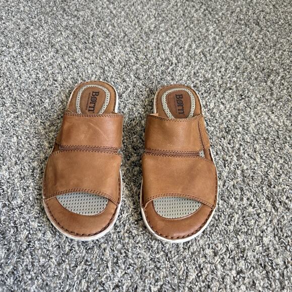Born Men's Flores Full Grain Leather Slip-On Sandal Camel Brown Slide Sz 12 M - Picture 1 of 10